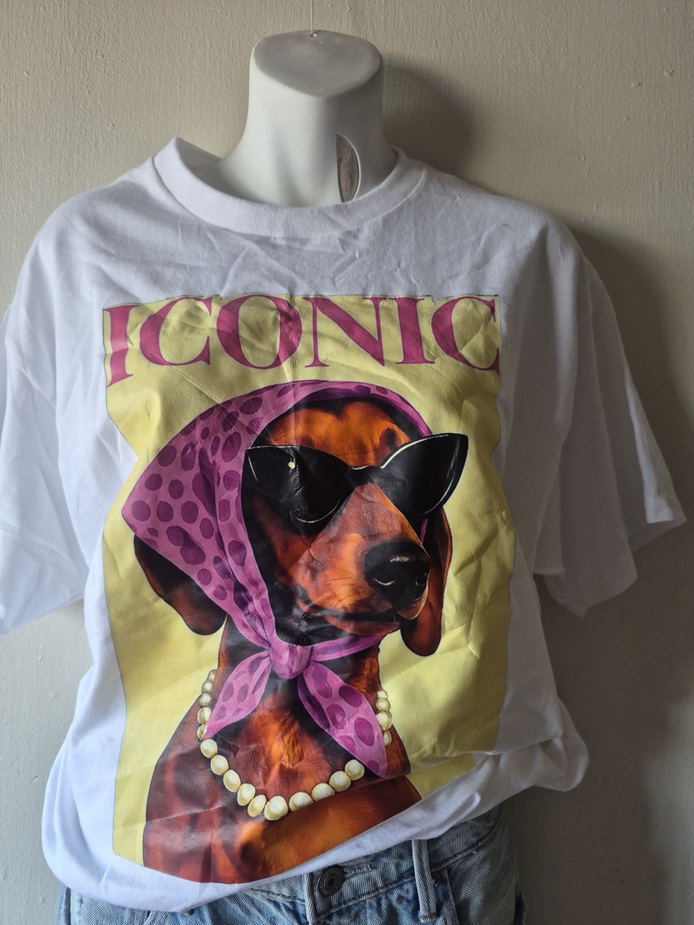 Gildan White Tee with Pink Headscarf Dachshund Graphic